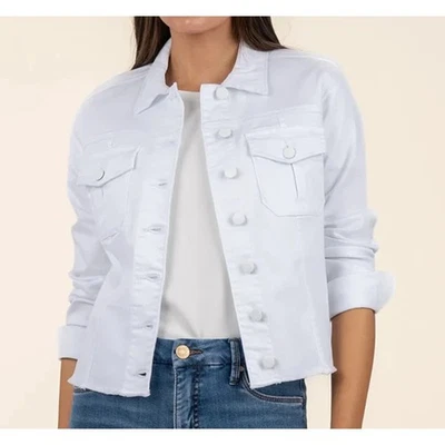 Kut From The Kloth Women's Small White Kara Denim Jean Jacket Frayed Hem C5-3 - Image 1 of 4