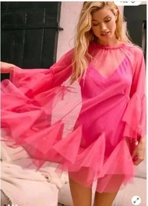 Mini abito oversize Anthropologie Maeve rosa caldo a strati in tulle taglia L/XL nuovo con etichette - Foto 1 di 10