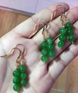 Gorgeous AAAA  8-9mm real natural green round jade dangle earrings 14k Gold - Picture 1 of 4