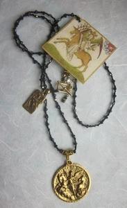 Gold Angel w/Horses Pendant Black Spinel Necklace Czech Crystal Peasant Princess - Picture 1 of 11