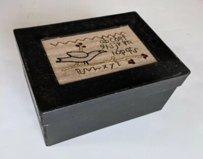 Embroidered Sampler Box Cardboard Paint Black Bird 6.75x4.75x3 In Storage Crafts - Image 1 of 4