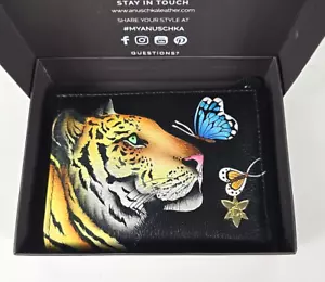 Anuschka Hand Painted Leather RFID Mini Two Fold Wallet Royal Tiger Black - Picture 1 of 5