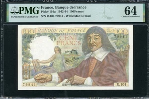 Frankreich 1942-1944 100 Francs P101a PMG 64 UNC - Bild 1 von 2