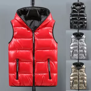 Herren Puffer Gesteppt mit Kapuze Weste Metallisch Glänzend Bubble Jacke Mantel - Bild 1 von 15