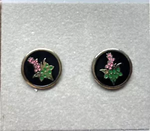 Orecchini post finitura smalto-stile cloisonne-piccolo tondo-fiore rosa su nero - Foto 1 di 3