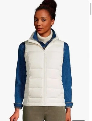 Lands End Puffer Vest Womens L Ivory Down Quilted Full Zip Pockets Outdoor - Image 1 of 4
