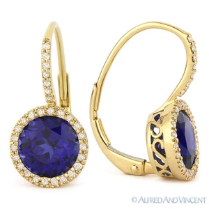 3.37ct Blue Lab-Created Sapphire Diamond 14k Yellow Gold Leverback Drop Earrings - Picture 1 of 1