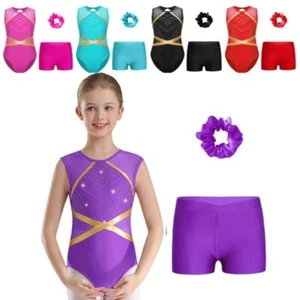 Mädchen glänzender Gymnastik Body mit Ballett Tanz Shorts Stirnband Set Tanzkleidung - Bild 1 von 42