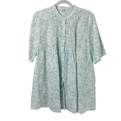 Liz Claiborne Button Up Top Size XL Blue Dot 100% Linen Short Sleeve Babydoll - Image 1 of 4