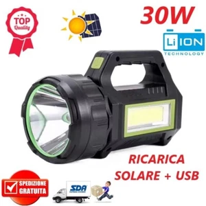 TORCIA LED RICARICABILE POTENTE PANELLO SOLARE + USB PORTATILE CAMPEGGIO PESCA - Foto 1 di 8