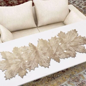 Table Runner Leaf Design & Soft Leather Material Size 92 x 32 cm Gold - Picture 1 of 5