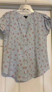 Ann Taylor Blouse Short Sleeves Size S Light Blue W/Orange Flowers - Picture 1 of 3
