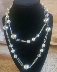 Carolee Silver Pearl Ball Crystal Station Double Strand Silver-Tone Necklace 36" - Picture 1 of 10
