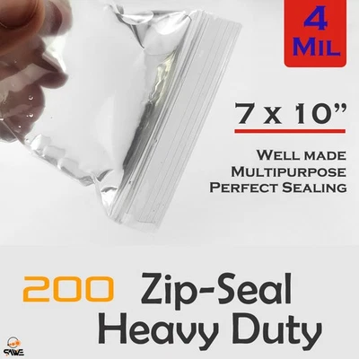 200 7 x 10" Clear Reclosable Zip Seal Bag Plastic 4 Mil Bags Jewelry Zipper - Image 1 of 4