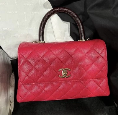 Mango de coco Chanel 21K pequeño rosa frambuesa lagarto en relieve Foto 1 de 4