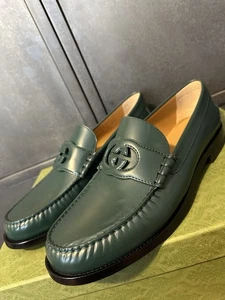 Gucci Mens Vintage Green Leather Interlocking GG Loafers Size 13UK/14US - Picture 1 of 11