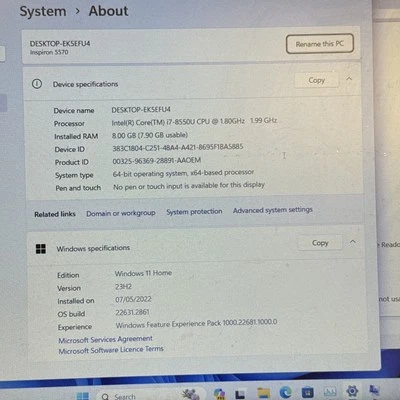 Dell Inspiron 5570 MOTHERBOARD ONLY, Win 11, i7-8550U, 8GB RAM - Image 1 of 4