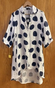 M Linen Shirt Dress Cover Up Blue Polka Dots Oversized XS Spring Summer NWT $195 - Picture 1 of 24