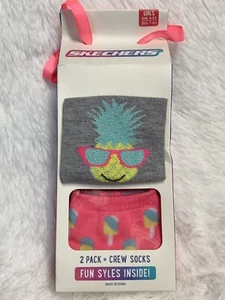 SKECHERS Girls Fun Cool Pineapple & Ice Cream Grey & Pink Crew Socks (2-Pack) - Picture 1 of 2