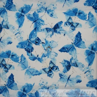 BonEful Fabric FQ Cotton Quilt White Blue Dark Light Tone Butterfly Toile Damask - Image 1 of 4