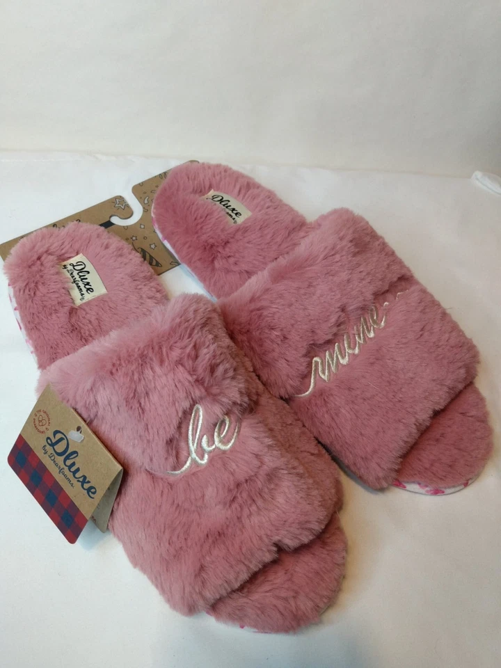 Women's Dluxe By Dearfoams Pink Be Mine Faux Fur Slide Slippers Sz XL 11-12