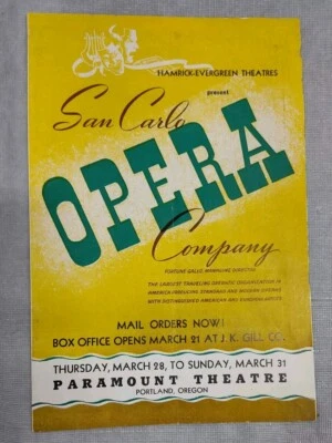 Folheto vintage 1940 Portland Oregon Paramount Theater San Carlo Opera Co. OU - Imagem 1 de 4