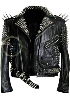 Chaqueta de cuero genuino estilo punk larga tachonada negra de moda hecha a mano para hombre Foto 1 de 4