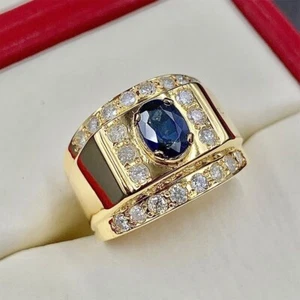 Certified 2.66Ct Natural Sapphire & Diamond Men's Cocktail Ring 14K Yellow Gold - Picture 1 of 15