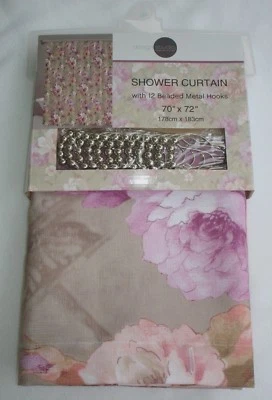 CORTINA DE DUCHA DE TELA Y GANCHOS CON CUENTAS DE BOLA ENROLLABLE Beige Floral Casa de Campo Foto 1 de 4