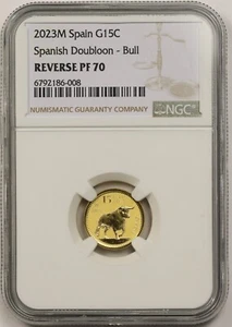 2023M Spain Gold 15 Euro Cent NGC Reverse PF 70 Spanish Doubloon - Bull 1/10 oz - Picture 1 of 4