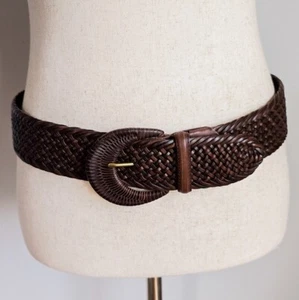 Ralph Lauren, New, Brown Woven Leather Crescent Buckle Wide Belt, Size Small - Picture 1 of 9