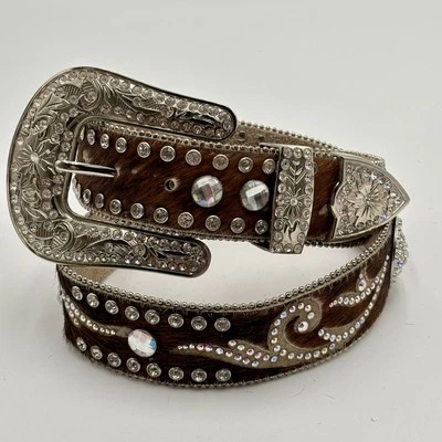 Cinturón occidental marrón para mujer Nocona talla S cuero estrás pelo de caballo tachonado Foto 1 de 4