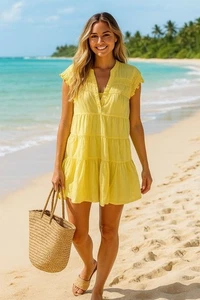 Boston Proper ärmelloses Kleid M gelb Stufen Boho gesmokt Bauern Prärie - Bild 1 von 9