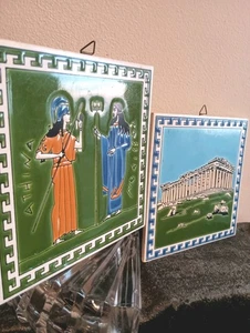 Set 2 Piastrelle Ceramica Grecia Fatte a Mano Made in Greece ARTIGIANE COLORATE - Foto 1 di 6