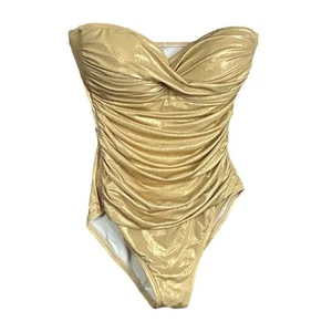 Traje de baño La Blanca by Rod Beattie metálico dorado sin tirantes acanalado de una pieza talla 6 - Imagen 1 de 14