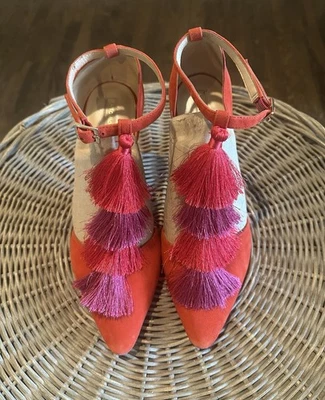 Tacones de aguja Antonio Melani con borla correa en T tacones de gamuza rojo/naranja punta 10M Foto 1 de 4