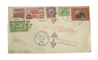 US SPARTANBURG, SC SPECIAL DELIVERY POSTAL COVER HISTORY 1938 - Image 1 of 2