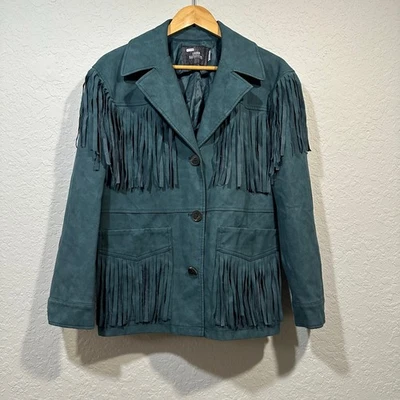 Urban Outfitters 🌿Fringe Suede Western Jacket Teal Size M Boho Festival Style - Imagem 1 de 4