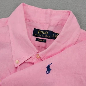 Polo Ralph Lauren Shirt Mens Large Pink Linen Classic Short Sleeve Button Down - Picture 1 of 11