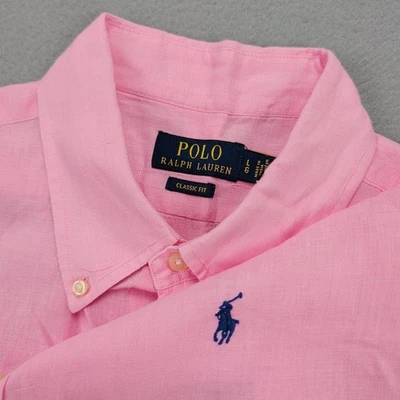 Polo Ralph Lauren Shirt Mens Large Pink Linen Classic Short Sleeve Button Down - Image 1 of 4