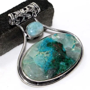 Chrysocolla Larimar 925 Silver Plated Long Pendant 2" Gift Jewelry GW - Picture 1 of 3