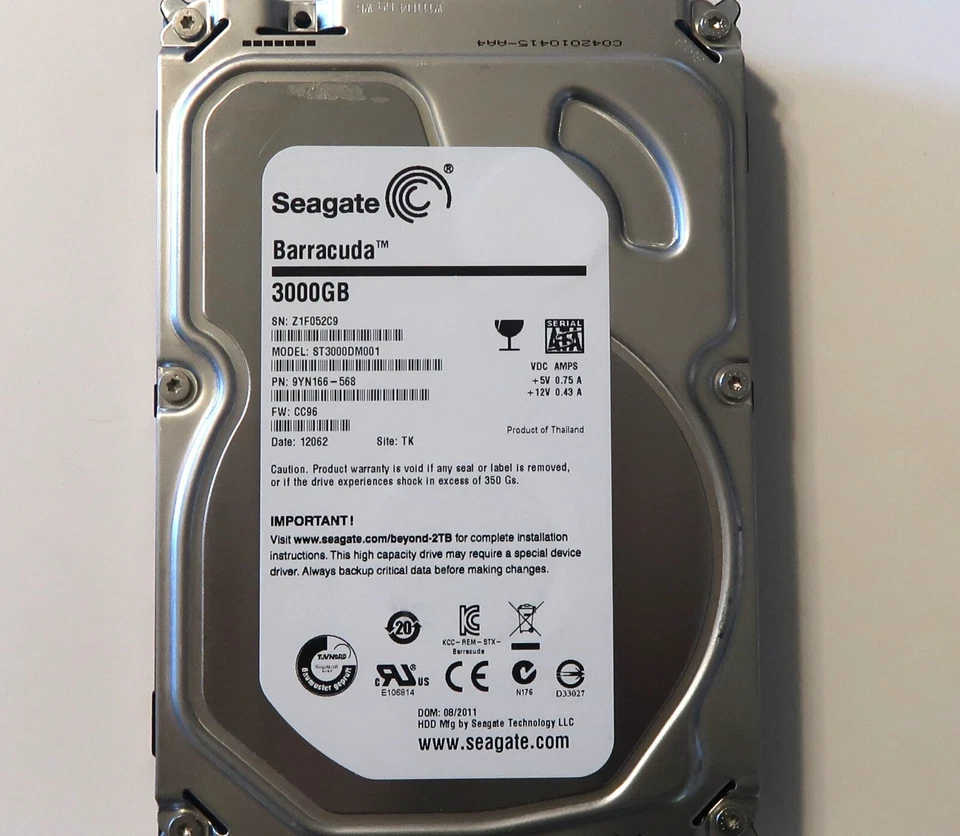Seagate ST3000DM001 9YN166-568 CC96 TK Thailand (Z1F) 3TB 3.5" Sata HDD 08/2011 - Image 1 of 1