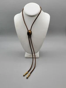 Twisted faux leather tiger eye stone glass bolo tie D63 - Picture 1 of 9