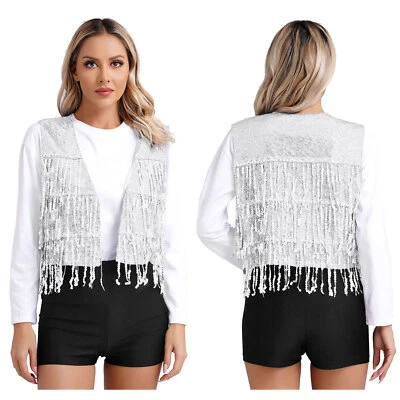 Womens Disco Costume Holiday Vest Slim Fit Jacket Cosplay Vests Tassel Trim - Image 1 of 3