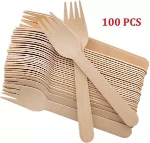 Confezione da 100 - Forchette in legno monouso; lunghezza 5,5" - Legno naturale biodegradabile - Foto 1 di 2