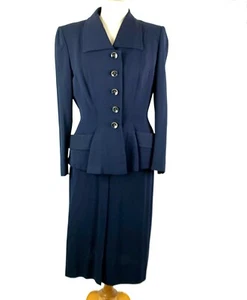 The New Look 1940s Navy Blue Gaberdine Suit M Peplum Skirt Jacket Aline Skirt - Picture 1 of 12