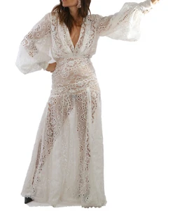 Maxi Vestido BRONX & BANCO Adele Blanco Encaje Cuello en V Manga Larga Transparente Talla S - Imagen 1 de 24