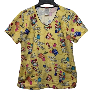 Dr Seuss Scrub Top Book Smart yellow Back to School Size medium Nurse - Image 1 of 4