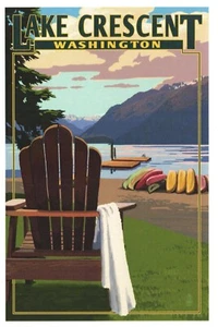 Postcard WA Lake Crescent Lantern Press Olympic National Par Docks Chair - Picture 1 of 2