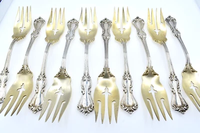 10 tenedores antiguos de pastelería/ensalada de plata esterlina dorada Reed & Barton Marlborough N Foto 1 de 4